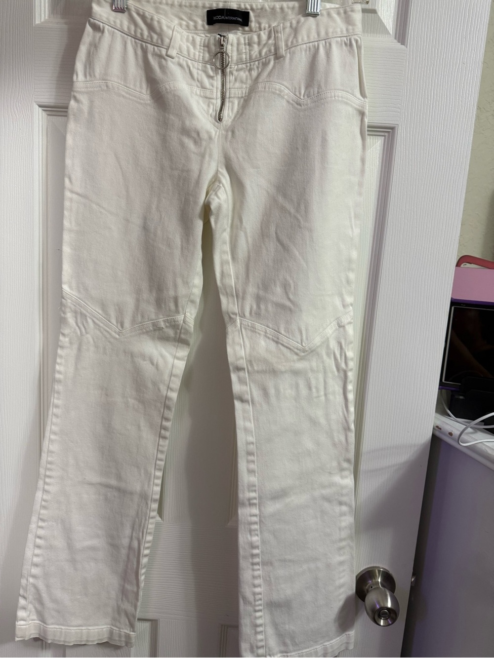 Moda International Off-White Flare Jeans with Front Zip